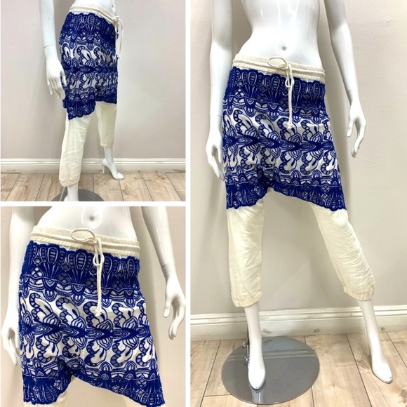 Women’s Gypsy 05 Royal Blue & Ivory Crochet Harem Pants - Picture 1 of 6